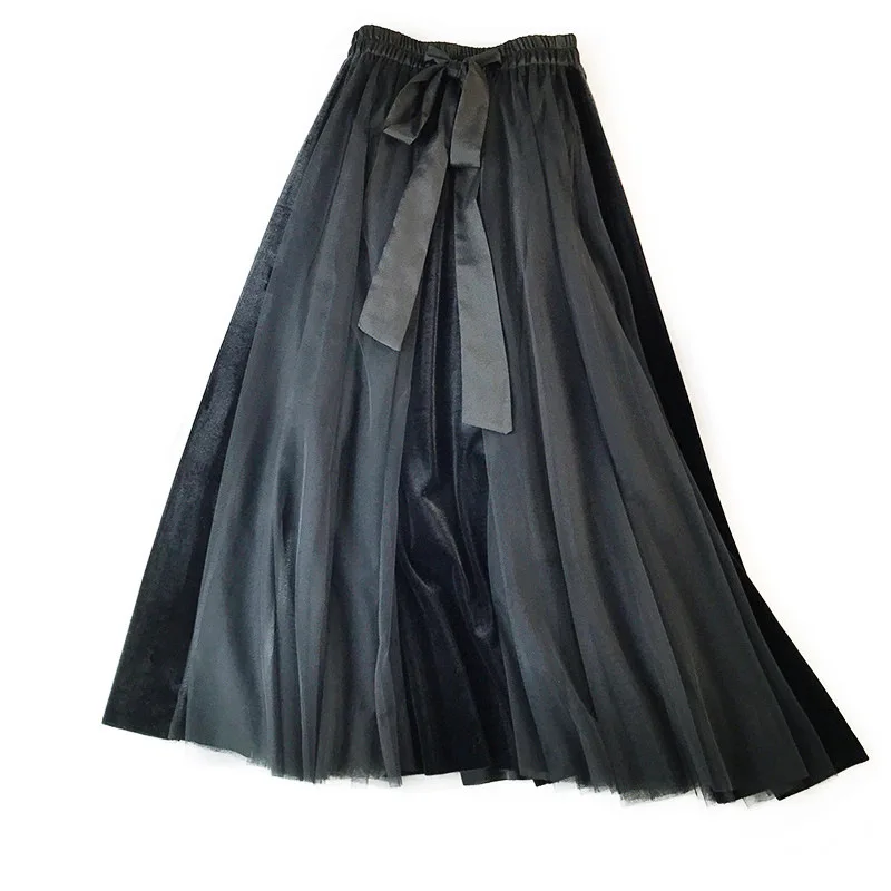 Длинная женская юбка, вечерние юбки из вельветовой сетки с высокой талией, осень-весна, женская элегантная однотонная длинная Плиссированная юбка с бантом в винтажном стиле