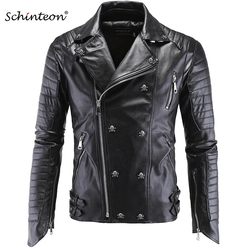 Мужская куртка из искусственной кожи, большие размеры, с заклепками в виде черепа, в стиле панк-рок, Мужская мотоциклетная черная кожаная байкерская куртка, осенняя верхняя одежда