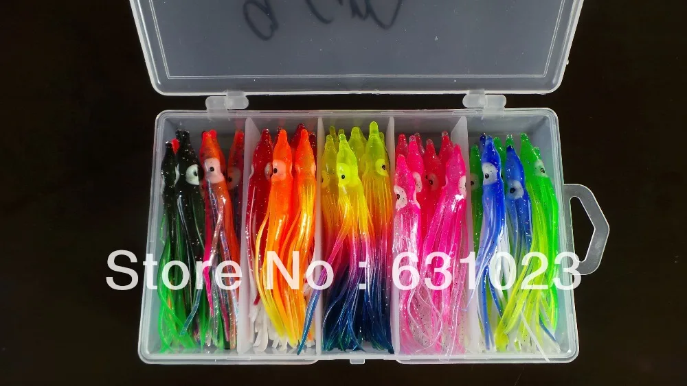 

50pcs fishing lure ,soft lure ,squid jigs,octopus lure,9cm, randome colour mixed,packed with a transparent plastic box