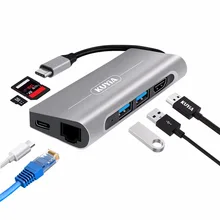 

KUYiA 7 in 1 USB C Hub,Multi-port Aluminum Type C Adapter With Type C(only Charge)+ 2 x USB 3.0 + LAN+4K HDMI+ TF+SD Port