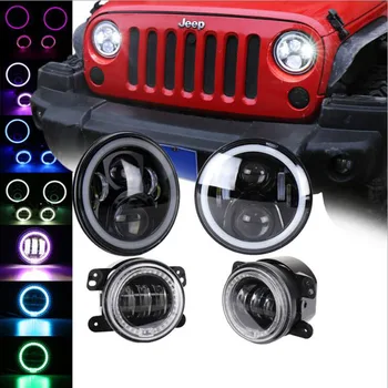 

4PCS 7" LED RGB Halo Headlights + 4" Chasing RGB LED Fog Light Combo Kit For Jeep Wrangler JK 2007-2018 12V 24V Rgb car light