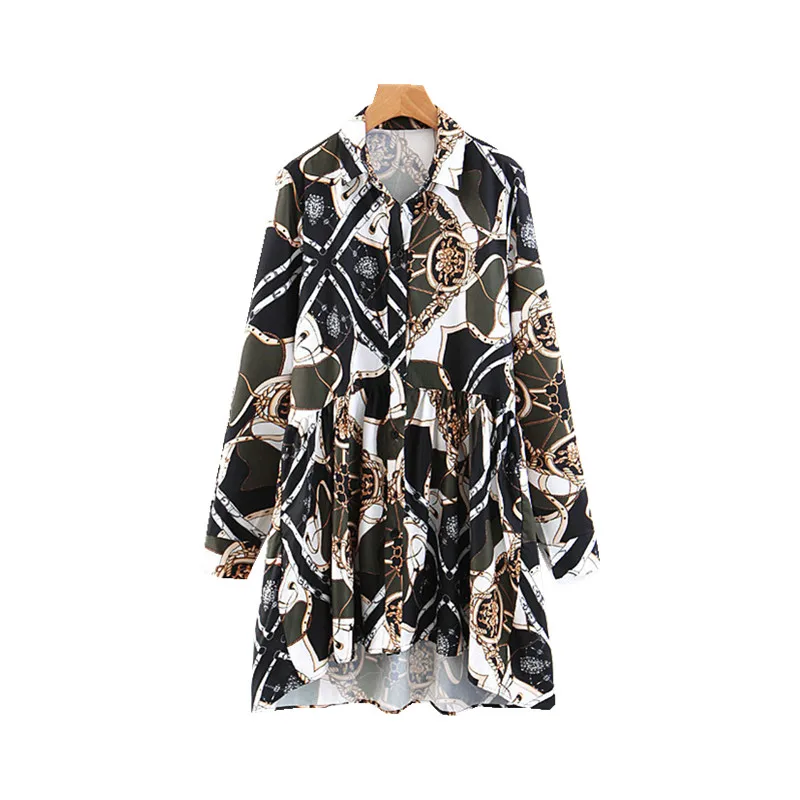 

Women Print Mini Chain Pleated Dress Button Decoration Asymmetrical Dress Long Sleeve Turn Down Collar Holiday Dress Vestidos