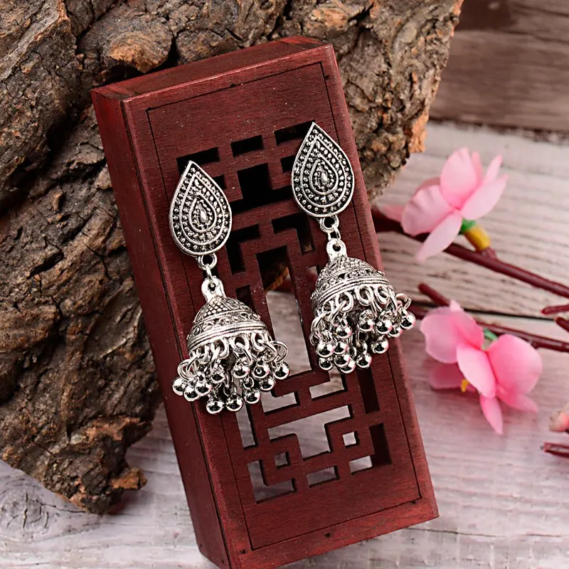 TopHanqi индийские цыганские украшения Jhumka, серебряные, Boho, винтажные Этнические женские серьги, полые Висячие серьги для женщин