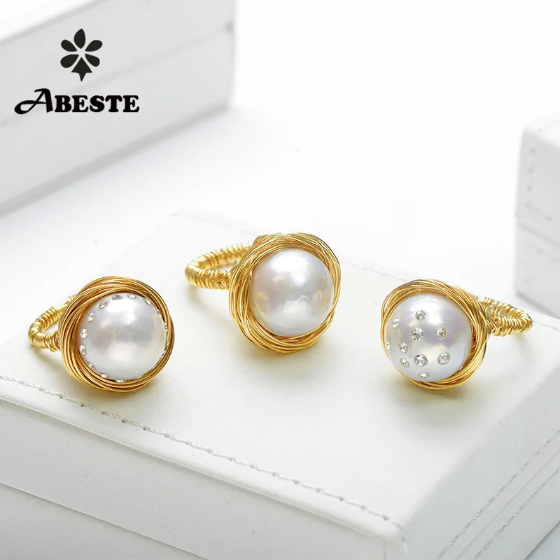 

ANI 14K Roll Gold Handmade Women Ring Natural Freshwater White Pearl oorbellen perlas naturales Ring fine Engagement Jewelry