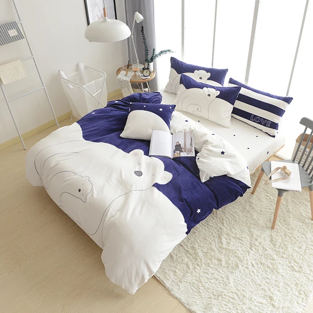 4 6pcs Cute Polar Bear Bedding Set Winter Warm Bed Cover Sheet 4 6pcs Cute Polar Bear Bedding Set Winter Warm Bed Cover Sheet Pillowcase Thick Fleece Fabric Comforter Sets