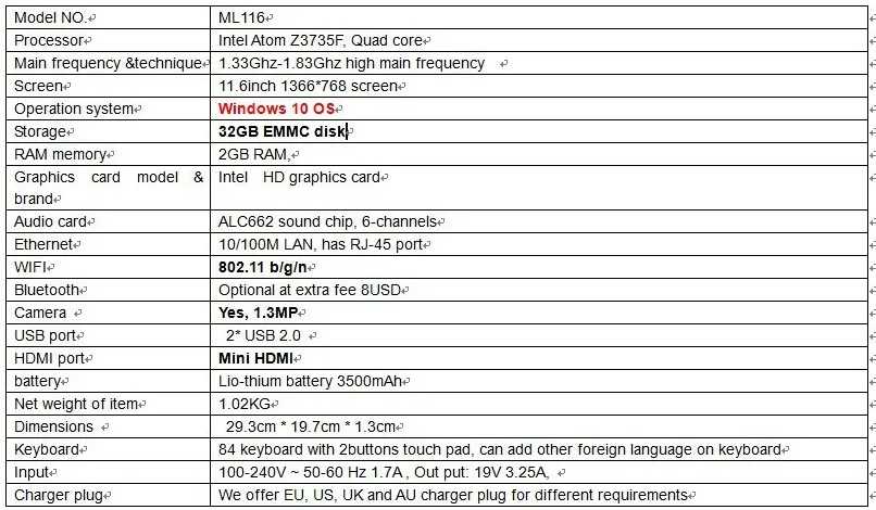 11,6 дюймовый мини ноутбук In-tel Z3735F четырехъядерный 2 ГБ 32 ГБ EMMC bluetooth Веб-камера windows 10 планшет нетбук