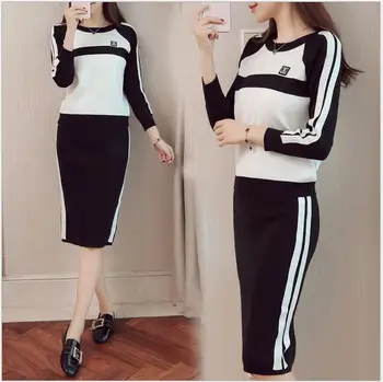 

Knitwear Women Fall And Winter 2017 New Women's Suits Stripe Stitching Long Sleeve Package Hip Skirt Yriko Takimlar HJ57