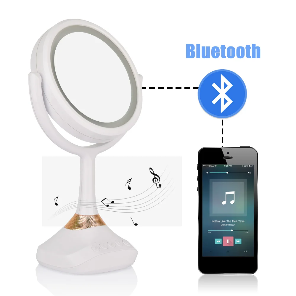 Bluetooth Speaker Touch Screen Makeup Mirror 1X/5X Magnifying Luminous