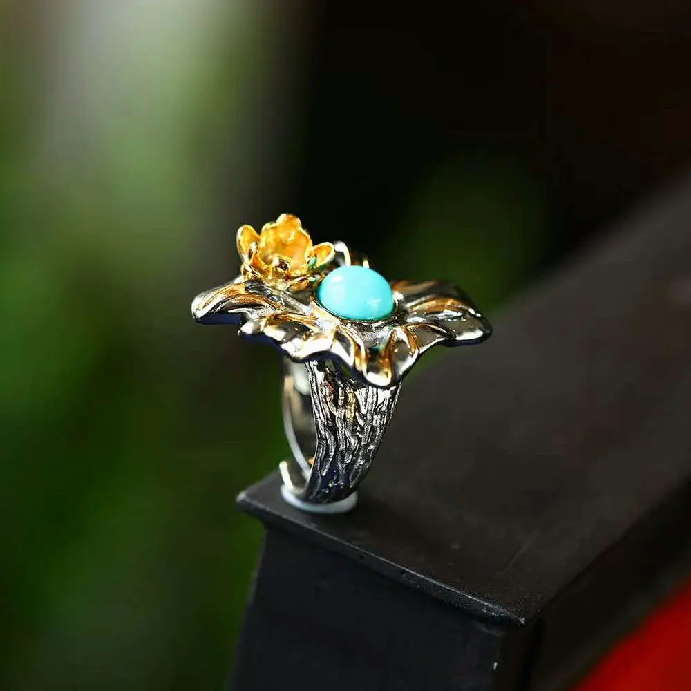 

RADHORSE 925 Silver Rings for Women Fine Jewelry Turquoise Lotus leaf lotus Modeling Sterling Silver Ring Adjustable Silver