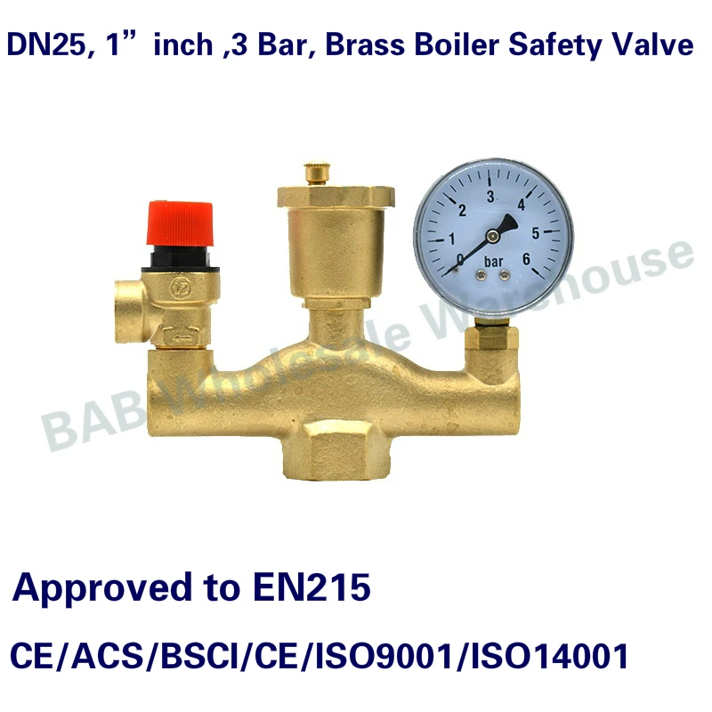 DN25 1” inch 3 Bar Brass Boiler Safety Valve Pressure Relief Boiler Automatic Exhaust valve pressure reducing valve With Gauge