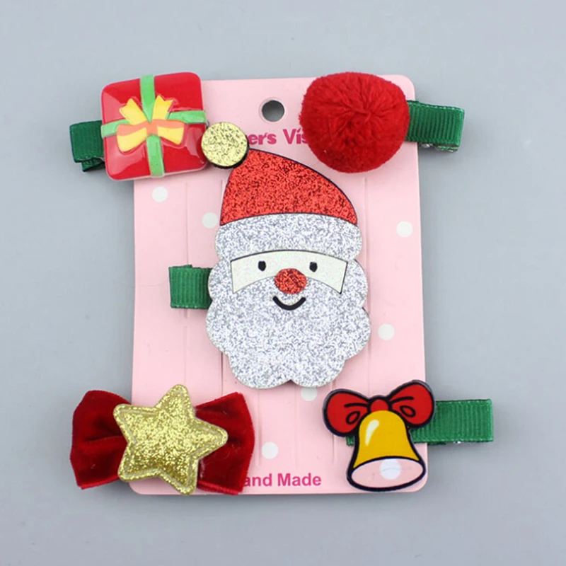 5Pcs/set Christmas Style Hairpin Girls Cute Bows Christmas Tree Bell Snowman Elk Santa Claus Hairclips Girls Hair Accessories