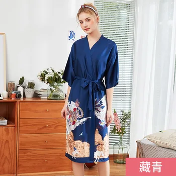 

Navy Blue Spring Lady Silky Sleep Kimono Robe Womans Bath Gown Yukata Nightgown Sleepshirts Home Wear Nightwear Pijama Mujer