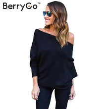 BerryGo Black off shoulder knitted sweater Women autumn elegant batwing sleeve jumper pull femme Winter casual loose pullover