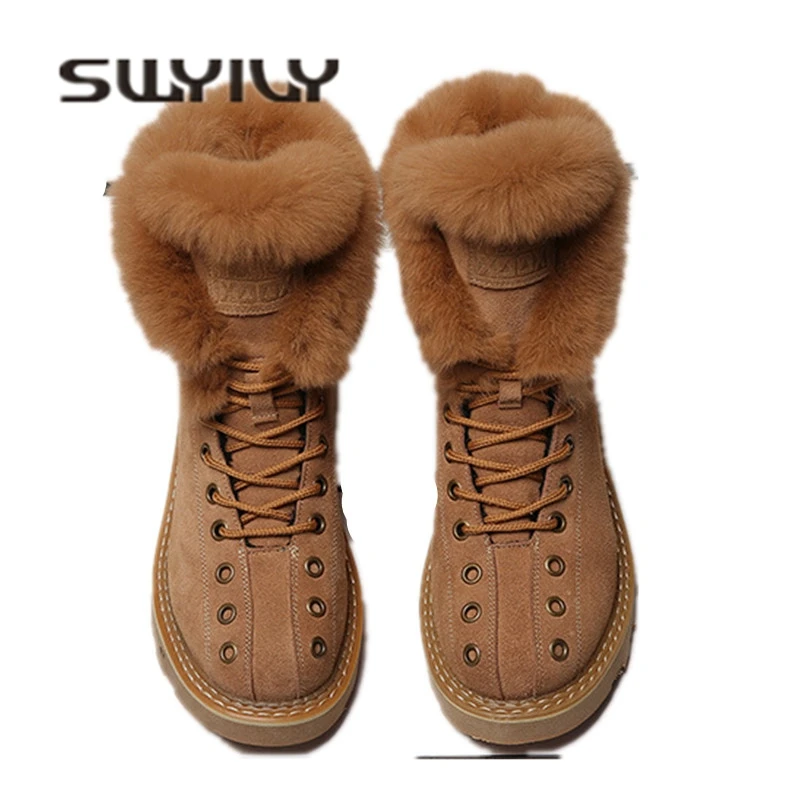 Najtaniej SWYIVY Martin buty buty kobieta Rabbit Fur ciepłe pluszowe 2019 zimowe nowe buty damskie Casual oryginalne skórzane buty śnieżne wysokie góry