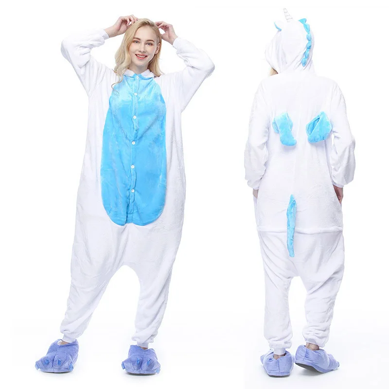 Adult Unisex Pajamas sets Cartoon flannel pijama Winter animal ladies pajamas Kigurumi warm hoode female sleepwear women pajamas - Цвет: blue unicorn