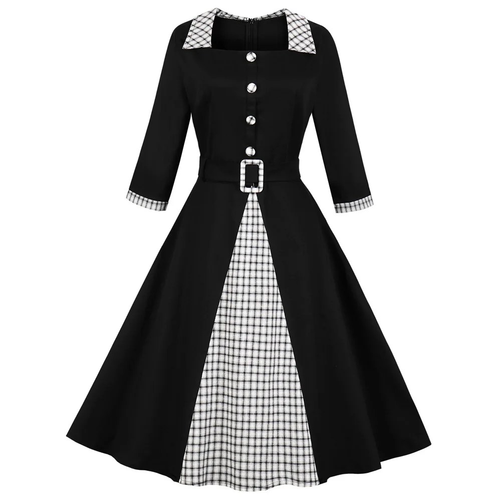 

Joineles Square Collar 3/4 Sleeves Women Vintage Dress Checked Patchwork Button Belts Retro Dress Party Vestidos 60s Swing Dress