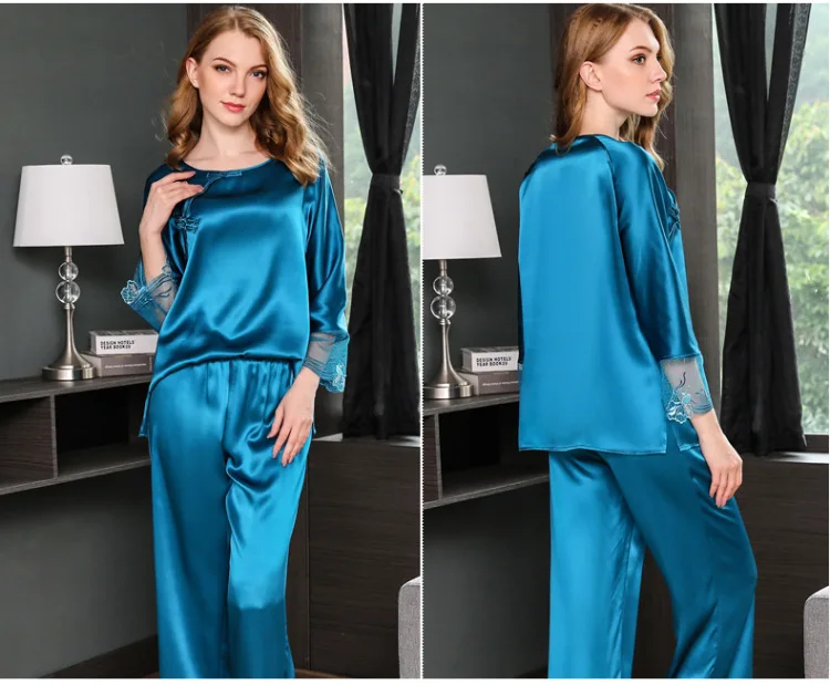 100% натуральный шелк Ретро пижамный комплект Женская мода пикантные пижамные комплекты Длинные рукава элегантность Пижама mujer Весна