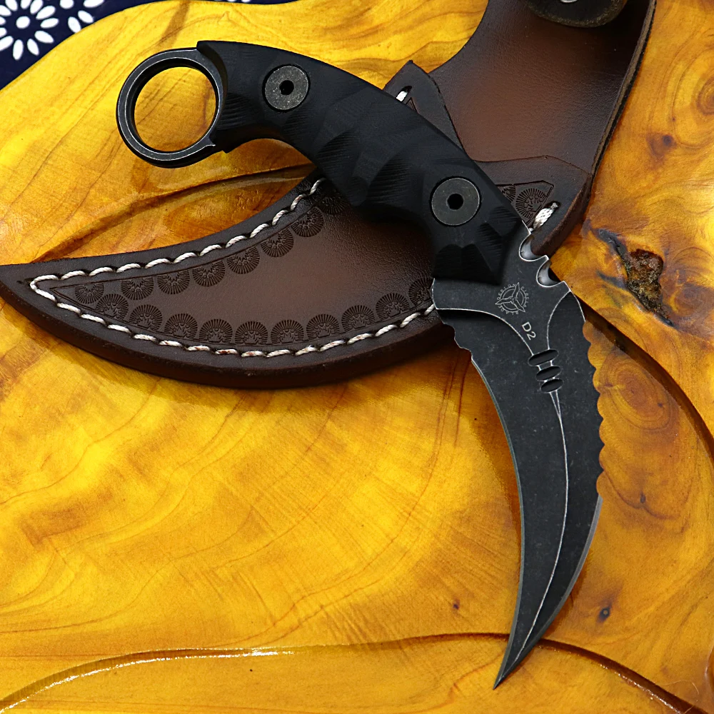 Huowen керамбитовый нож выживания тактические ножи с фиксированным клинком, инструмент для использования на природе холодной D2 стали с чёрным лезвием, G10 для повседневного использования, министерство охраны окружающей среды боевой оболочка cs go faca