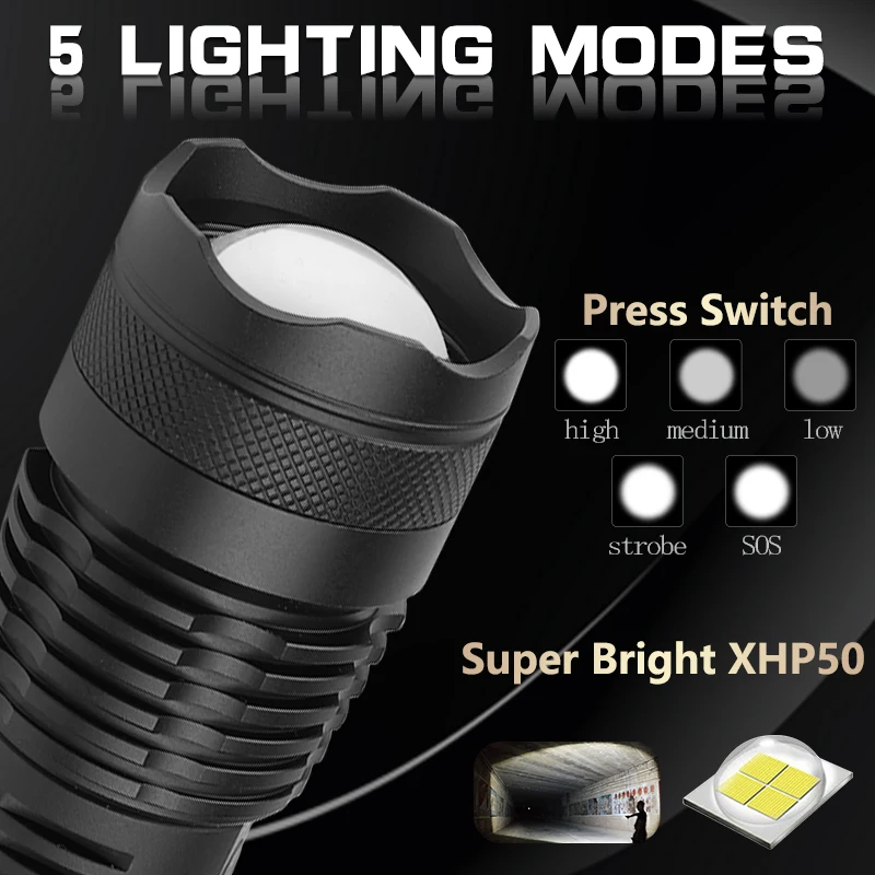 Dropshipping Ultra Bright Xlamp XHP50.2 Most Powerful Flashlight USB Zoom Led Torch XHP50 18650 or 26650 Rechargeable Battery