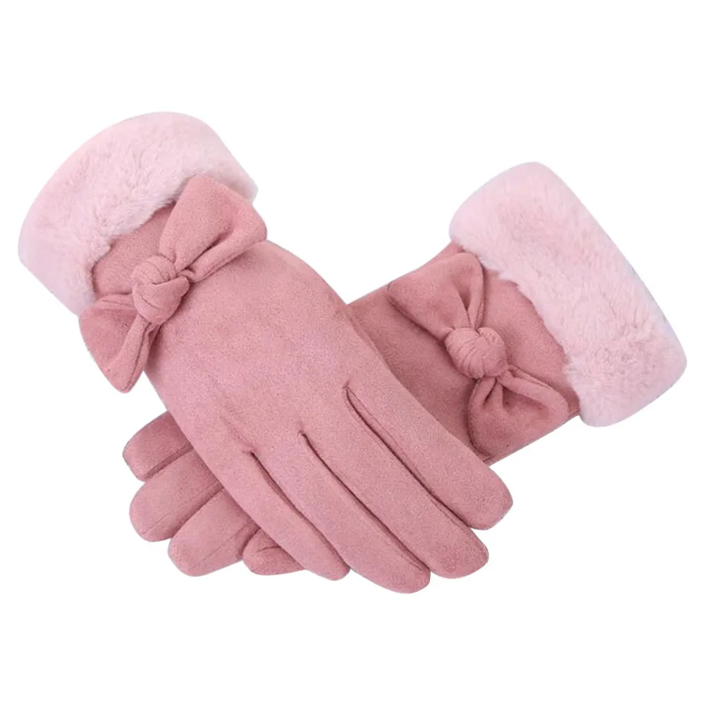

Women Faux Suede Gloves Autumn And Winter Warm Plush Double Thicken Gloves Bow Full Finger Mittens #RN