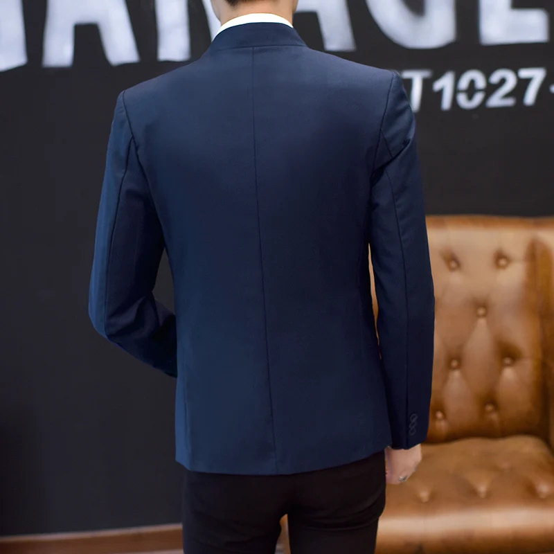 Chinese Style Men Stand Collar Suit Jacket Long Sleeve Black Wine Red Navy Blue Fashion Business Leisure Men Blazer Coat