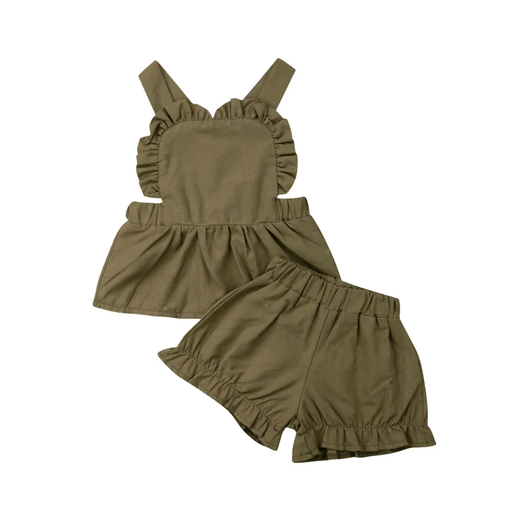 

Exquisite Toddler Kids Baby Girls Clothes Set Toddler Baby Girls Sleeveless Ruffles Backless Vest Tops+Solid Shorts Outfits