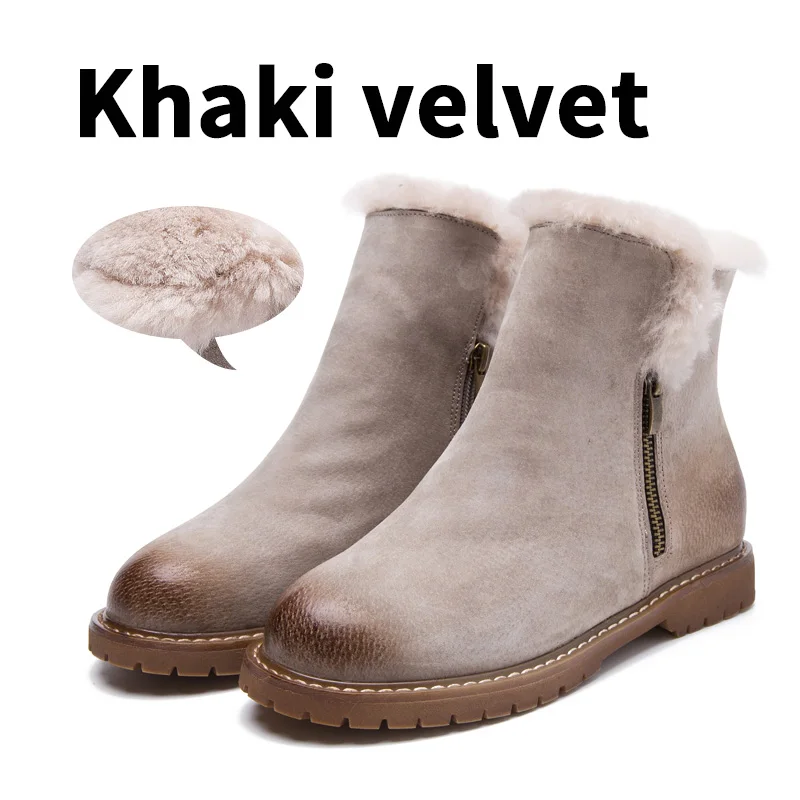 BIMUDUIYU; женские зимние ботинки; Новое поступление; зимние ботинки из натуральной кожи; Теплые ботильоны из свиной замши, плюшевый кашемир; повседневная обувь на плоской подошве - Цвет: Khaki velvet