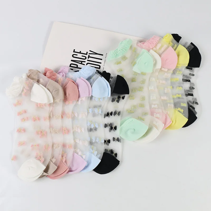 

DONG AI fashion ultra-thin cool transparent invisible bow whale flower glass silk female boat socks