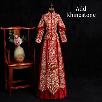 

Luxury Add Rhinestone Women Wedding Dress Cheongsam Satin Vintage Button Pleated Dresses Exquisite Classic Stage Show Clothing