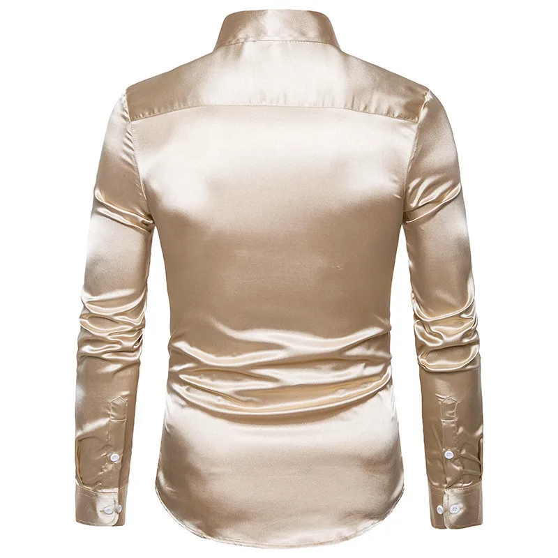 Атласная гладкая Мужская Однотонная рубашка-смокинг деловая сорочка Homme Повседневная приталенная блестящая Золотое свадебное платье рубашки