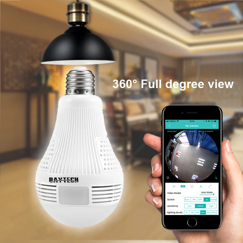 DAYTECH Wireless IP Camera WiFi Panoramic Fisheye Surveillance Camera 1080P 960P 360 Full Degree View Angel Lamp Light