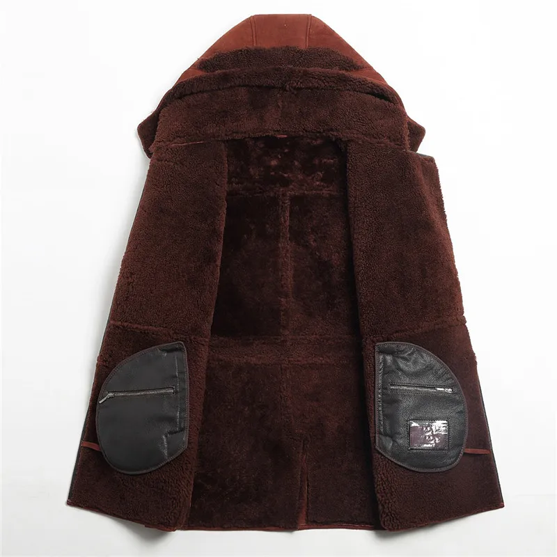 Мужское пальто из овечьей шерсти, Длинная кожаная куртка с капюшоном, настоящий дизайн с роговыми пуговицами
