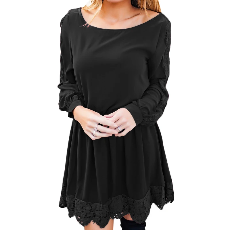 

Cut Spring Dress 2018 New Long Sleeve Party Dress O -Neck Fashion Patchwork Lace Dresses Plus Size Solid Women Dresses Gv241