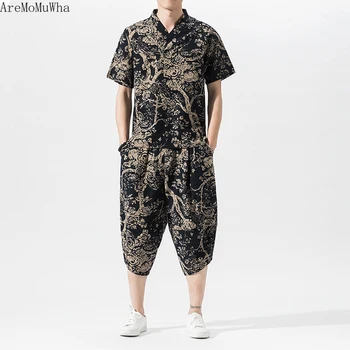

AreMoMuWha 2019 Summer New Cotton Sets Men's Short-sleeved T-shirt Plus Fat M-5XL Casual Pants Printed Cropped Trousers QX1015