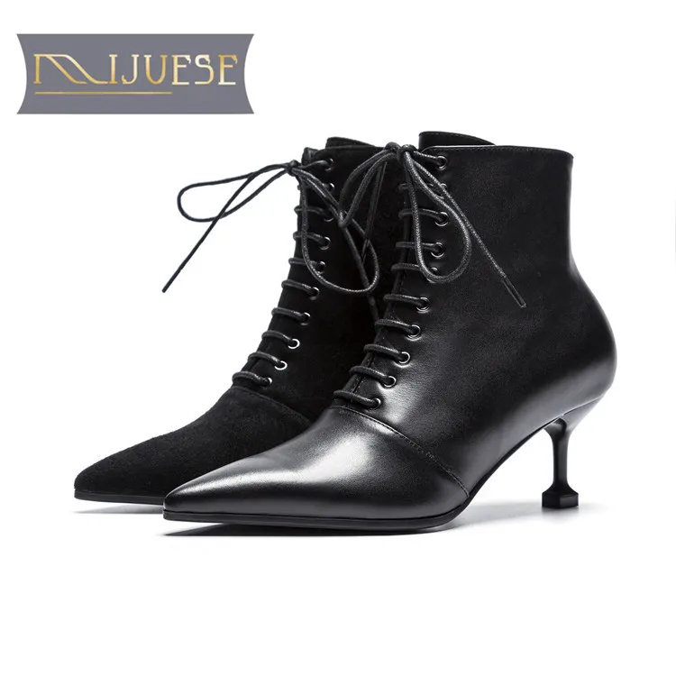 

MLJUESE 2018 women ankle boots European cow leather black color lace up thin heel high heels autumn spring women boots