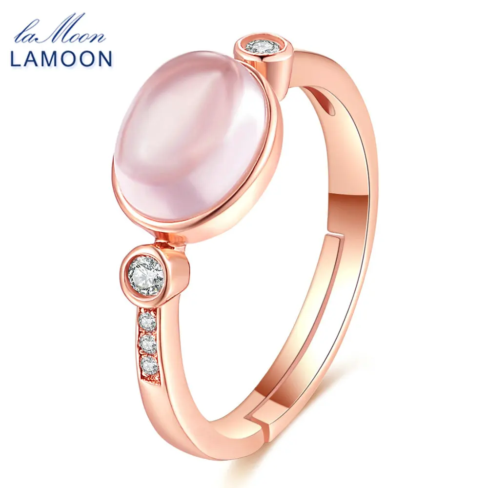 LAMOON 6x8mm 100% Natural Oval Pink Rose Quartz Ring 925 Sterling Silver Jewelry Rose Gold Romantic Wedding Band LMRI014