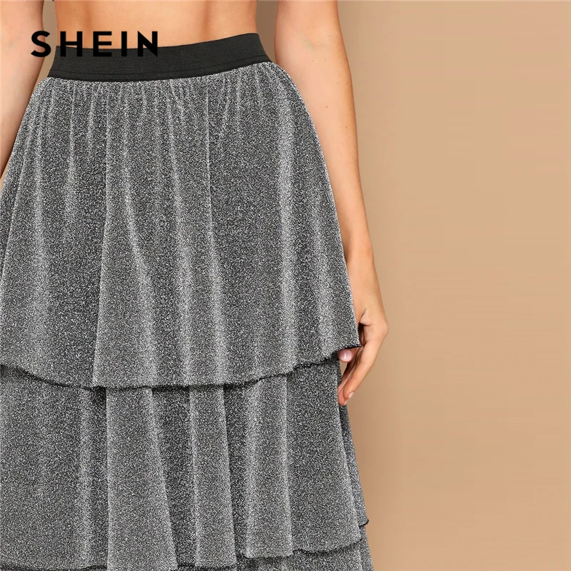 SHEIN Блестящая Юбка С Оборкой И Контрастной Талией Стильная Макси Оборками