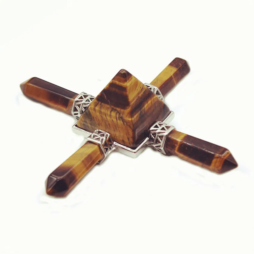 

Trendy-beads Silver Plated Square Pyramid with 4 Hexagon Column Energy Transmitter Natural Tiger Eye Stone Pendant