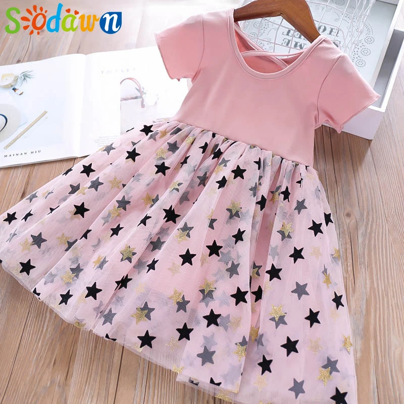 Sodawn/Детские платья для девочек с принтом со звездой, вязаное комбинированное Сетчатое платье, детская одежда, одежда для девочек