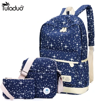 

2020 New Preppy Style Canvas Backpack School Bags For Teenagers Girl Student Bookbags Rucksack Cute Stars Printing Children Set