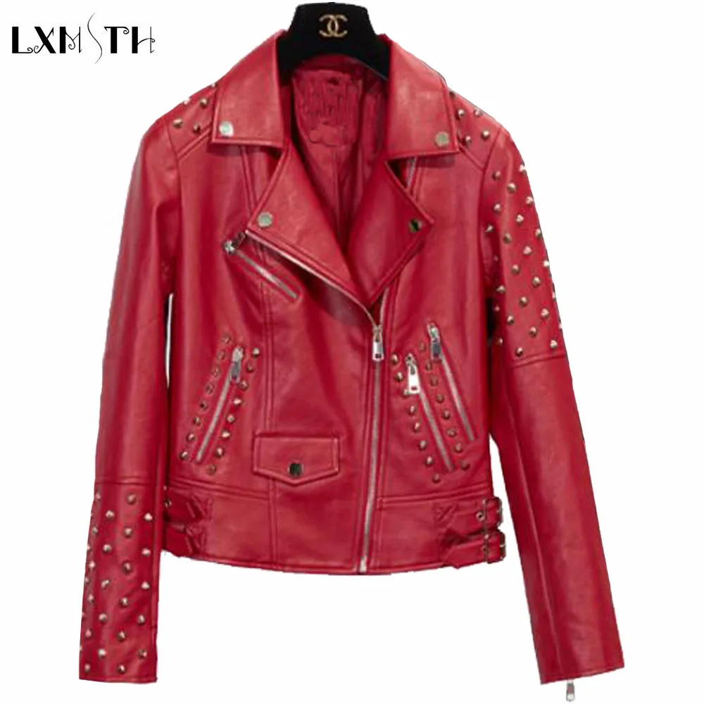 LXMSTH 2019 Spring Rivet Motorcycle jacket Women Short Slim Woman PU
