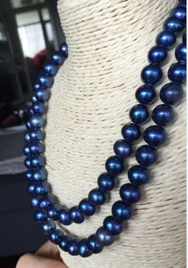 

double strands 9-10mm Tahitian black blue round pearl necklace 18inch 19inch14KGP