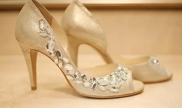 2018 Handmade Peep Toe Champagne Rhinestone Wedding Shoes For