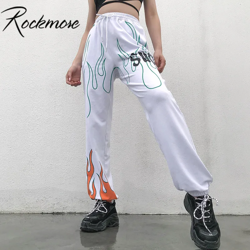 Rockmore/белые корейские брюки Харадзюку Женские с высокой талией и принтом пламени
