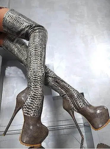 

Python Print Leather Platform Bottine Size 43 Fetish Shoes Woman 16CM High Heels Botas Over Knee Thigh High Stiletto Boots