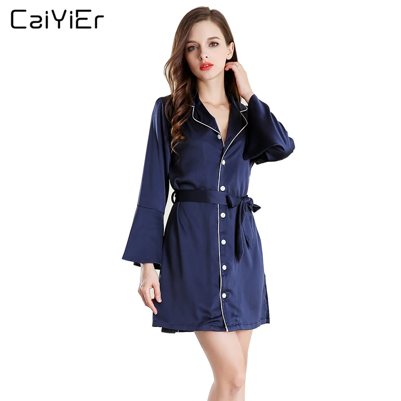 Caiyier New Summer Women Robes 2018 Simple Lapel Button Nightwear Lady Solid Long Sleeves Night Gown High Quality LL3210 | Женская
