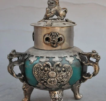 

5" old china White copper dragon beast foo dog lion statue incense burner Censer