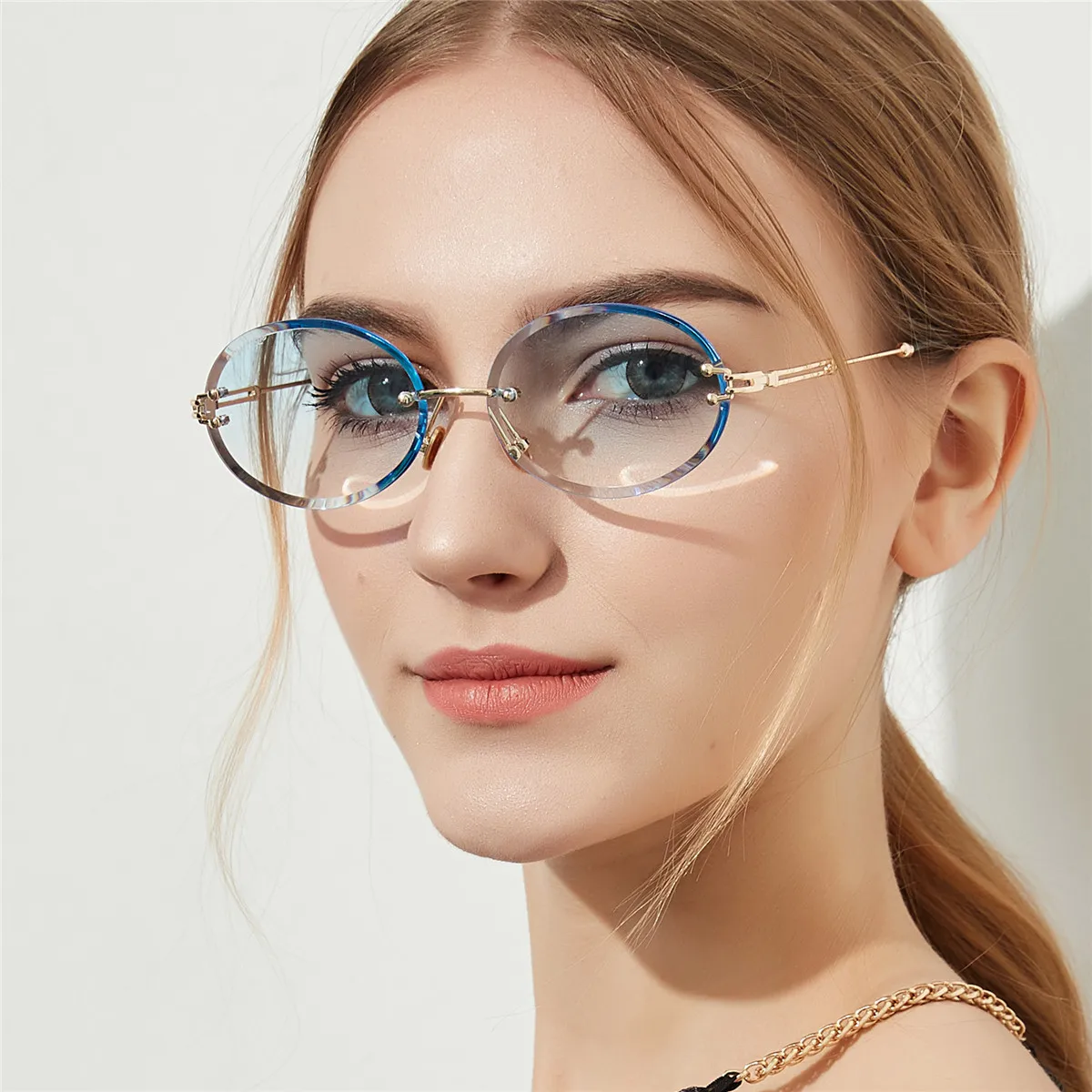 

Retro transparent progressive color lens borderless color crystal texture round sunglasses diamond cut oval crystal borderless