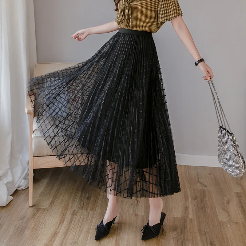 

JIEZuoFang Spring Summer Midi Women Skirt High Waist A Line Geometric Kawaii Tulle Skirt Cute Long Pleated Skirt Female 2019