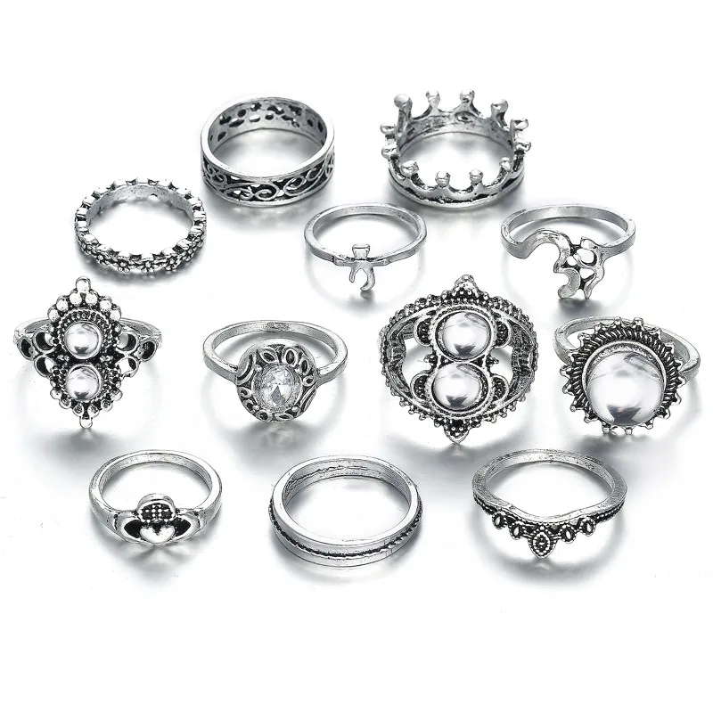 Boho Vintage OM Heart Crown Flower Ring Set for Women 2019 New Bohemian Sliver Midi Fingers Knuckle Rings Crystal Party Jewelry